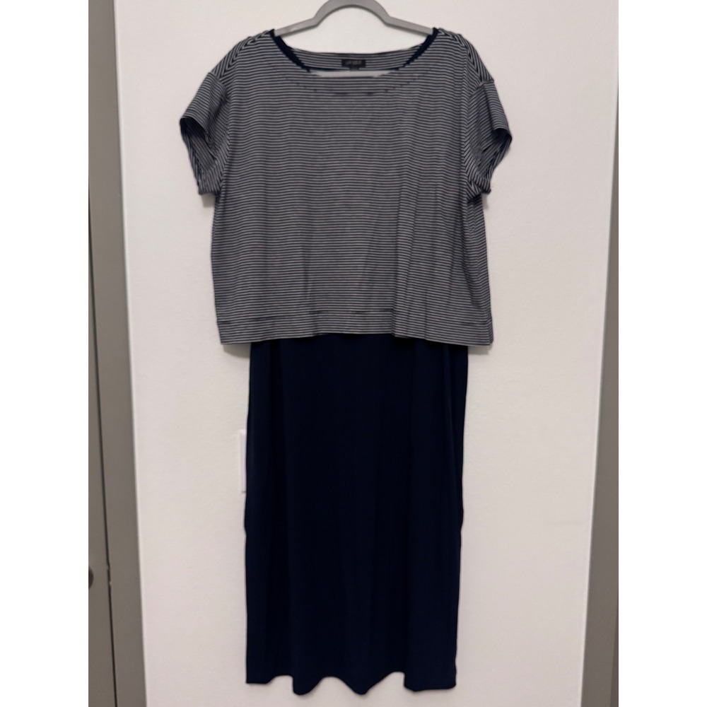 J. Jill Wearever Two-In-One Striped Layered Dress Navy Cream LP Petite m3 - Picture 2 of 9